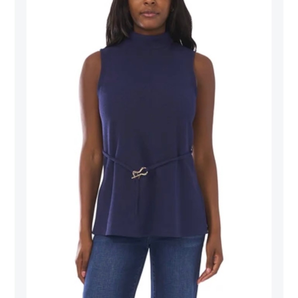 Vince Camuto Womens Navy Mock Neck Sleeveless Belted Top L NWT